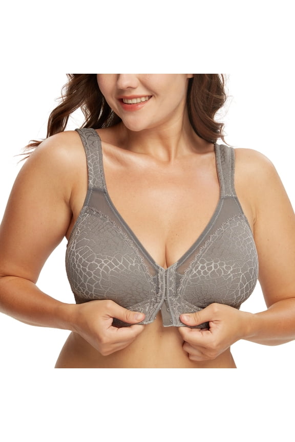 Women's Front Closure Full Coverage Wirefree Posture Back Plus Size Bra(Grey,40DDD)