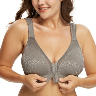 Exerin Women's Front Closure Full Coverage Wirefree Posture Back Plus Size Bra(Grey,44DD)