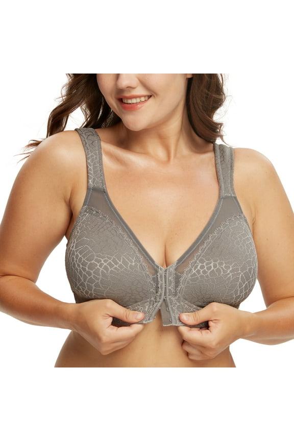 Women's Front Closure Full Coverage Wirefree Posture Back Plus Size Bra(Grey,44DD)