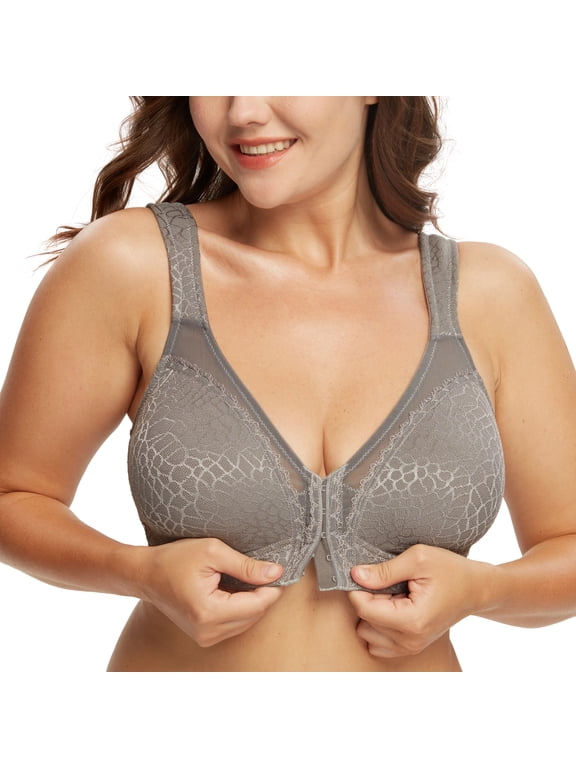 Women's Front Closure Full Coverage Wirefree Posture Back Plus Size Bra(Grey,44DD)