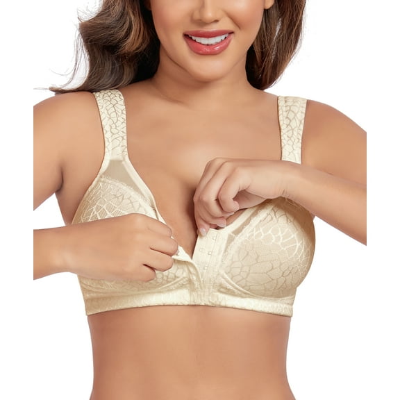 Exerin Women's Front Closure Full Coverage Wirefree Posture Back Plus Size Bra(Light Beige,44D)