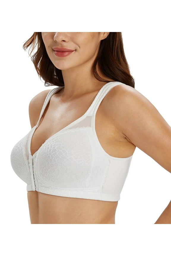 Women's Front Closure Full Coverage Wirefree Posture Back Plus Size Bra(White,44DD)