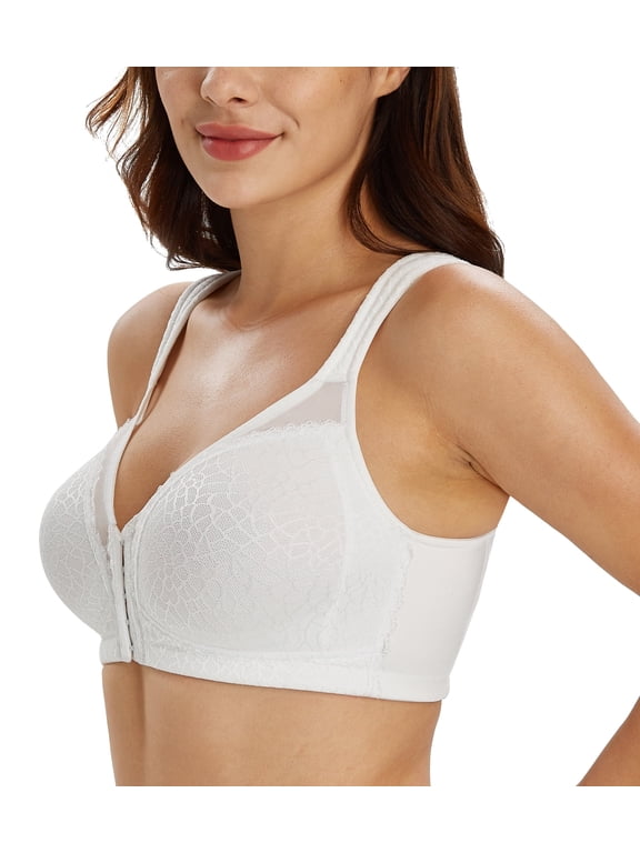 Women's Front Closure Full Coverage Wirefree Posture Back Plus Size Bra(White,44G)
