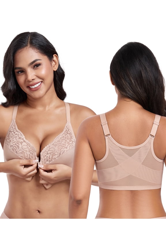 Women's Front Closure Non Padded Underwire Plus Size Posture Back Support Bra(34G,Beige)