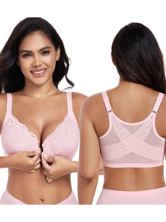 Women's Front Closure Non Padded Underwire Plus Size Posture Back Support Bra(36C,Pink)
