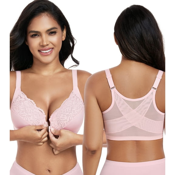 Exerin Women's Front Closure Non Padded Underwire Plus Size Posture Back Support Bra(36DD,Pink)