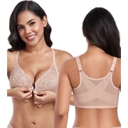 Exerin Womens Front Closure Non Padded Underwire Plus Size Posture Back Support Bra36DDD,Beige
