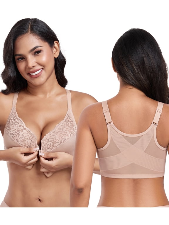 Women's Front Closure Non Padded Underwire Plus Size Posture Back Support Bra(38C,Beige)