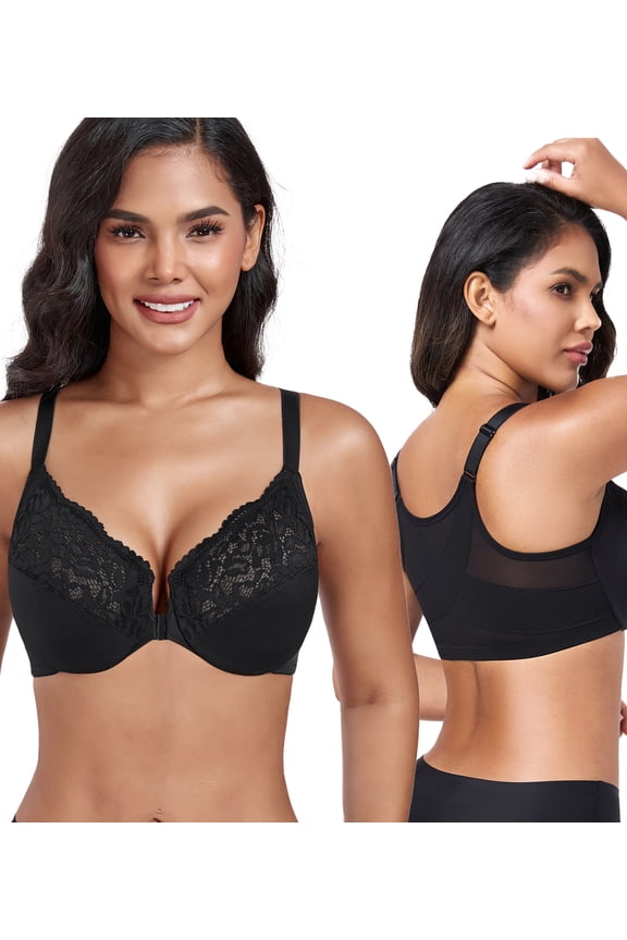 Women's Front Closure Non Padded Underwire Plus Size Posture Back Support Bra(38DD,Black)