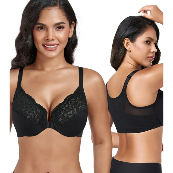 Exerin Women's Front Closure Non Padded Underwire Plus Size Posture Back Support Bra(38DDD,Black)