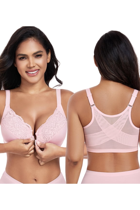 Women's Front Closure Non Padded Underwire Plus Size Posture Back Support Bra(40DD,Pink)