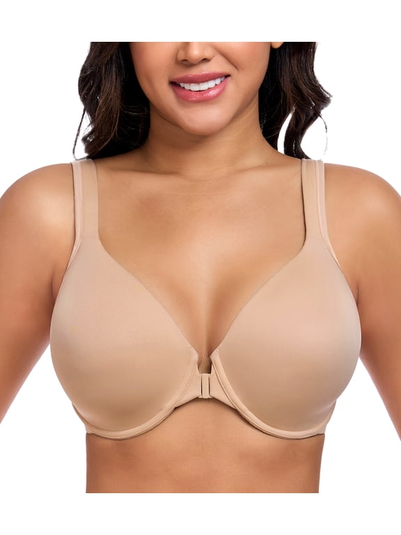 Women's Front Closure Bra Back Support Smoothing Underwire Comfortable Everyday Bras(36B,Beige)