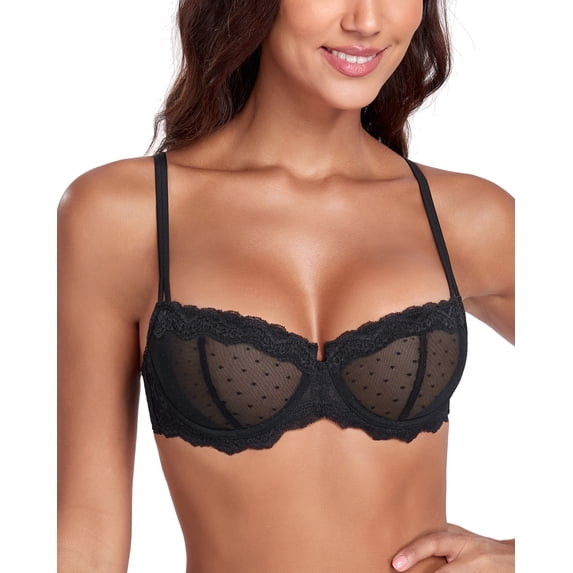 Exerin Women's Lace Bra Unlined Underwire Sheer Demi Balconette Bras(34C,Black)
