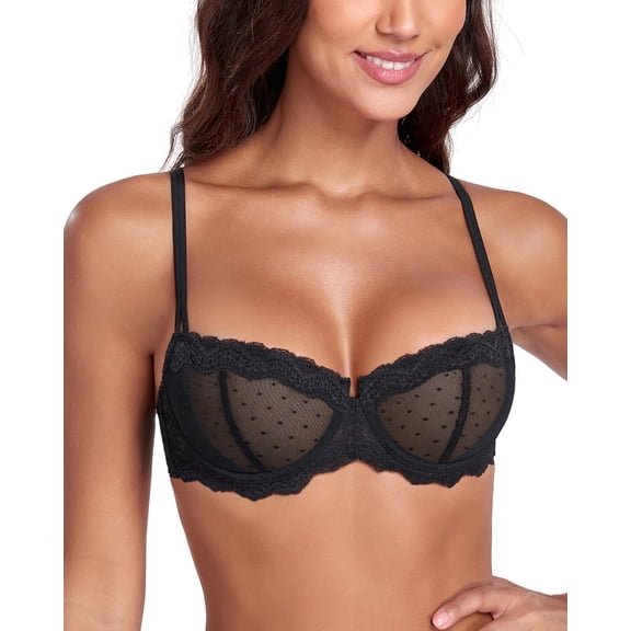 Exerin Women's Lace Bra Unlined Underwire Sheer Demi Balconette Bras(34C,Black)