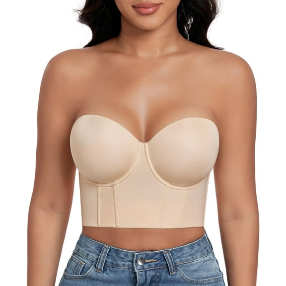 Exerin Women's Longline Strapless Bra Anti Slip Bustier Underwire Full Coverage Corset Top(32C,Beige)