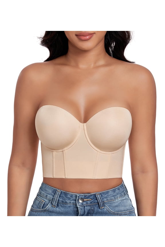 Women's Longline Strapless Bra Anti Slip Bustier Underwire Full Coverage Corset Top(32DD,Beige)