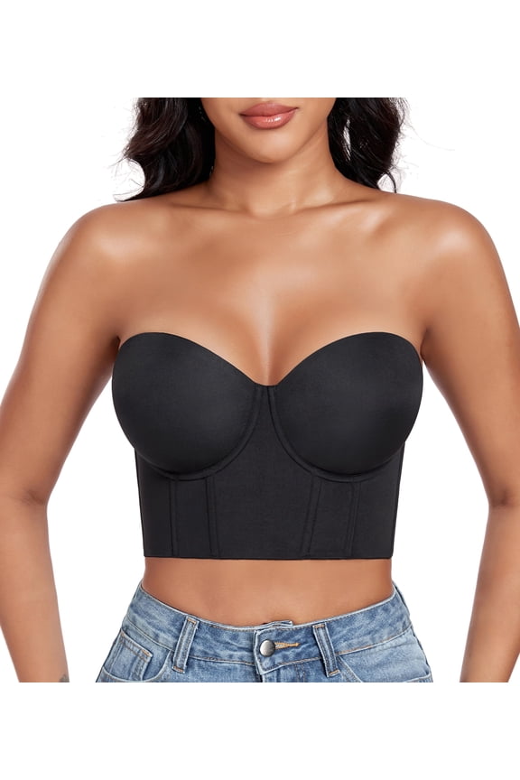 Women's Longline Strapless Bra Anti Slip Bustier Underwire Full Coverage Corset Top(32DD,Black)