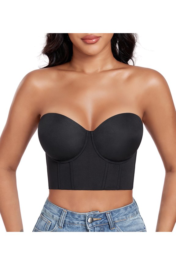 Women's Longline Strapless Bra Anti Slip Bustier Underwire Full Coverage Corset Top(34C,Black)