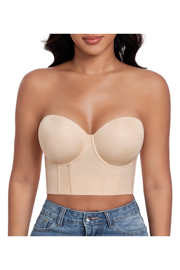 Women's Longline Strapless Bra Anti Slip Bustier Underwire Full Coverage Corset Top(36DDD,Beige)