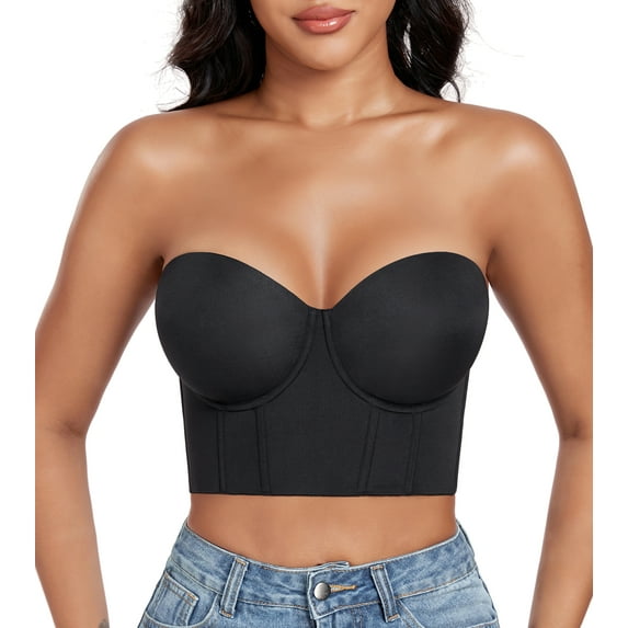 Exerin Women's Longline Strapless Bra Anti Slip Bustier Underwire Full Coverage Corset Top(40B,Black)