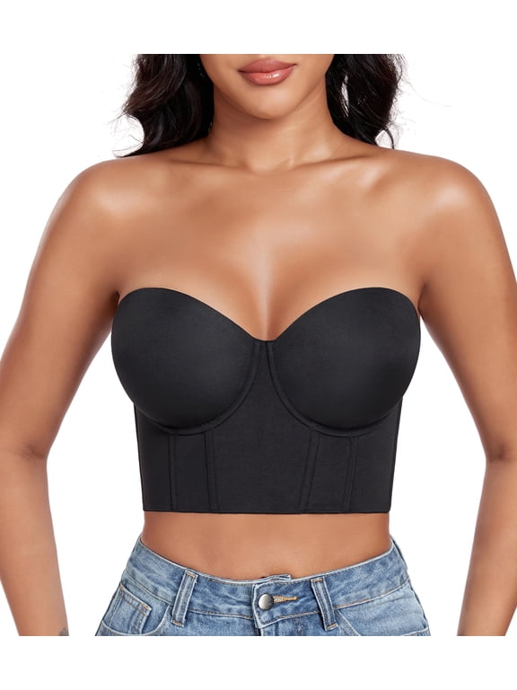 Women's Longline Strapless Bra Anti Slip Bustier Underwire Full Coverage Corset Top(40DD,Black)