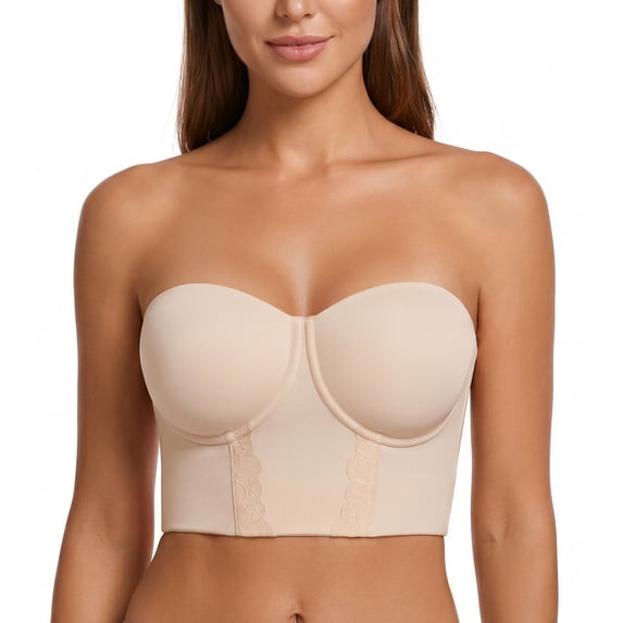 Exerin Women's Longline Strapless Bra Underwire Full Bust Full Figure Corset Bustier Bra(34G,Beige)