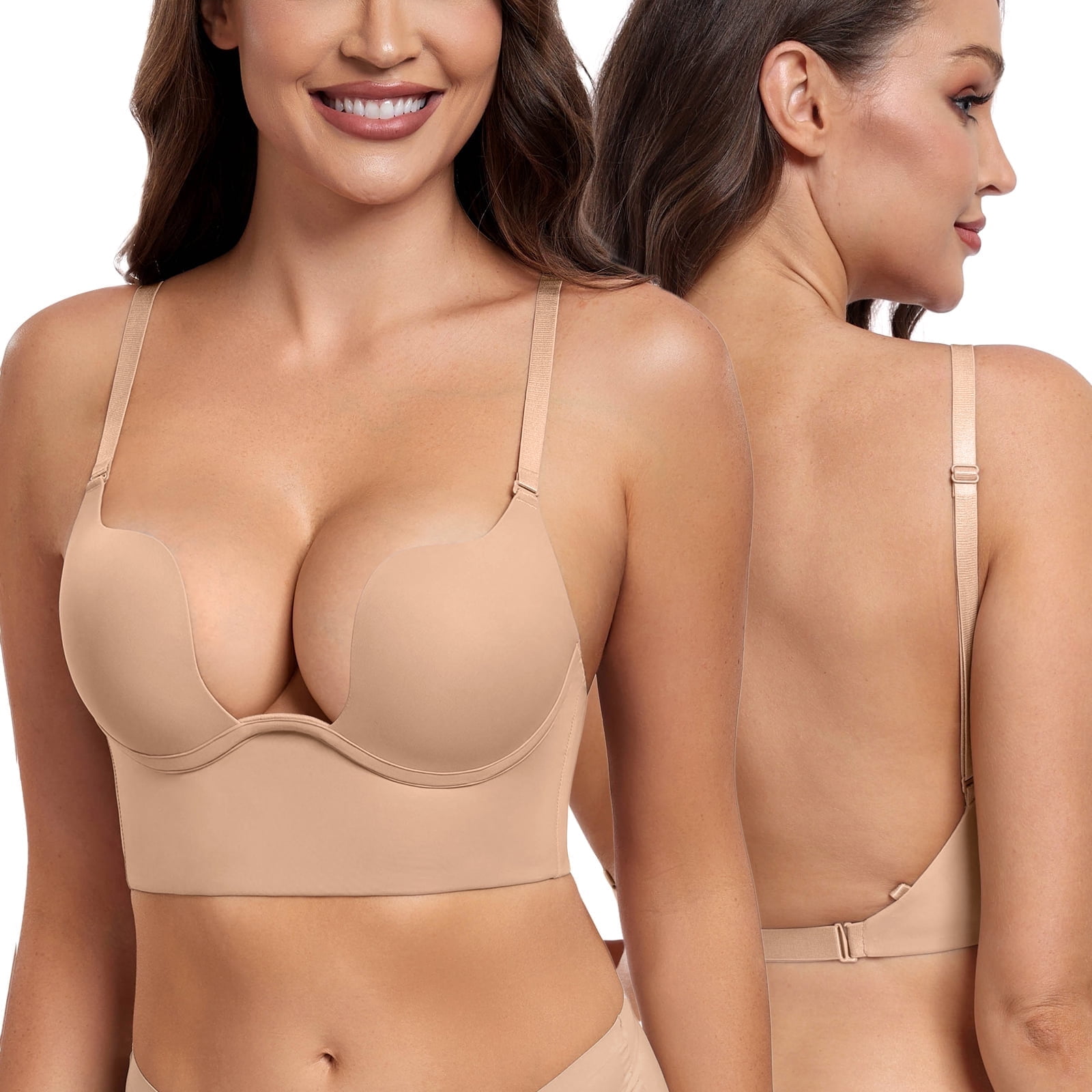 Exerin Women's Plunge Backless Bra Underwire Push Up Padded Multiway Low Back Bras(32B,Beige)