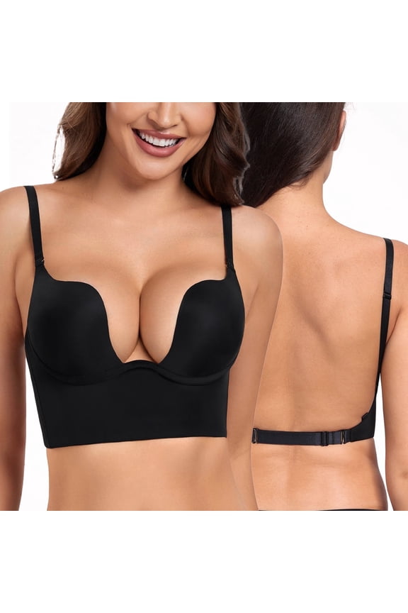 Women's Plunge Backless Bra Underwire Push Up Padded Multiway Low Back Bras(32B,Black)