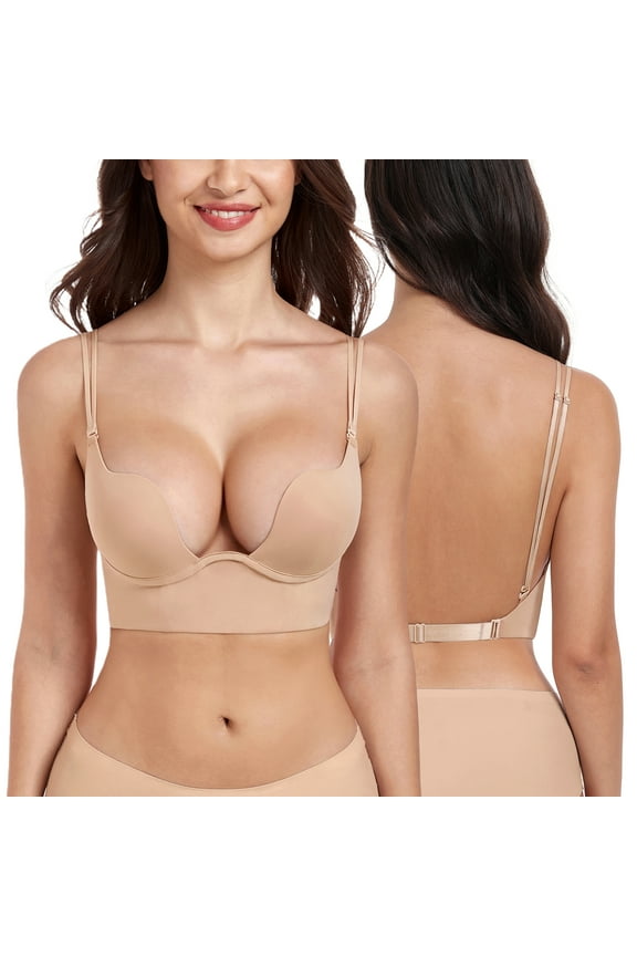 Women's Plunge Backless Bra Underwire Push Up Padded Multiway Low Back Bras(32A,Beige)