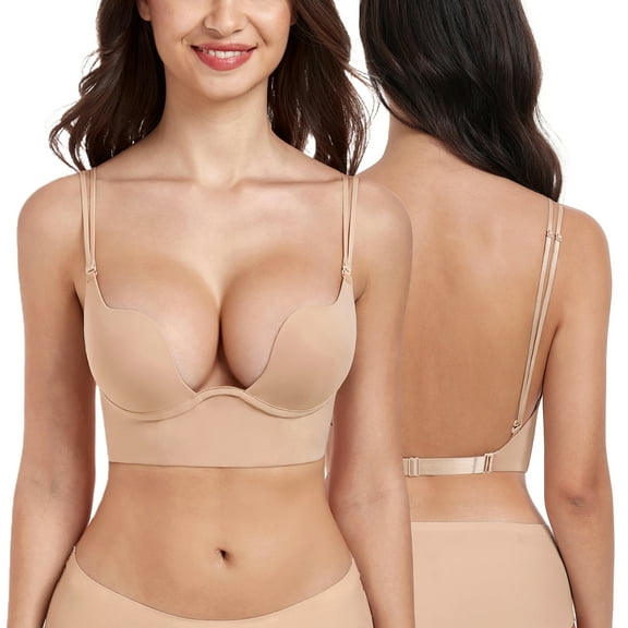Exerin Women's Plunge Backless Bra Underwire Push Up Padded Multiway Low Back Bras(34C,Beige)