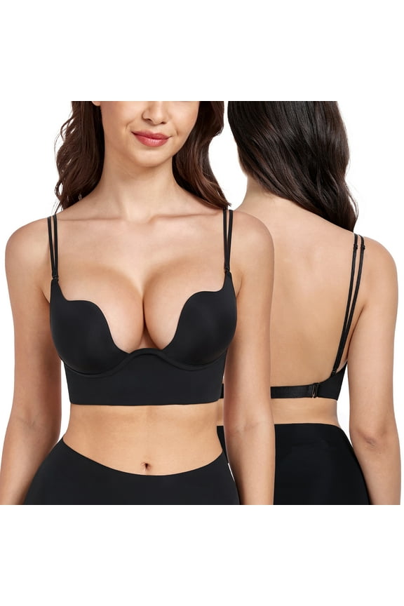 Women's Plunge Backless Bra Underwire Push Up Padded Multiway Low Back Bras(36D,Black)