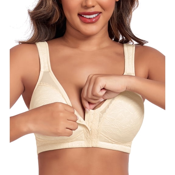 Exerin Women's Plus Size Front Closure Minimizer Bras Wireless Non Padded Comfort Back Support Bra(36D,Beige)
