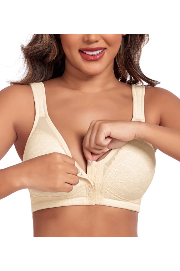 Women's Plus Size Front Closure Minimizer Bras Wireless Non Padded Comfort Back Support Bra(36D,Beige)
