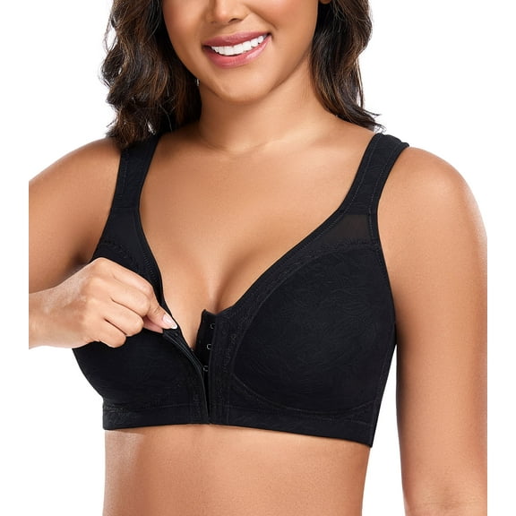 Exerin Women's Plus Size Front Closure Minimizer Bras Wireless Non Padded Comfort Back Support Bra(36DD,Black)