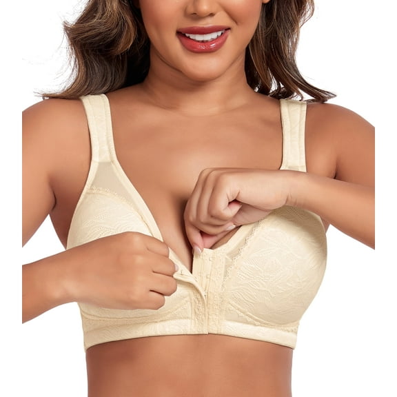 Exerin Women's Plus Size Front Closure Minimizer Bras Wireless Non Padded Comfort Back Support Bra(38DDD,Beige)