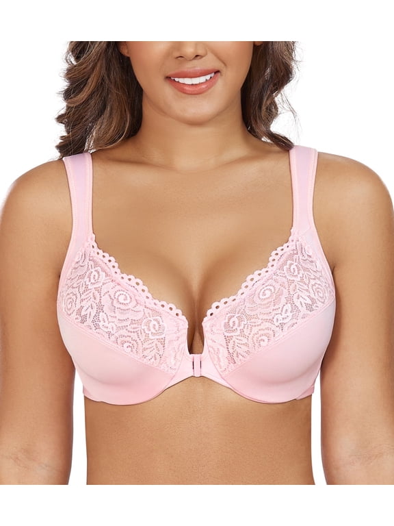 Women's Plus Size Front Closure U-Back Underwire Wide Strap Everyday Bra(Pink,38DD)