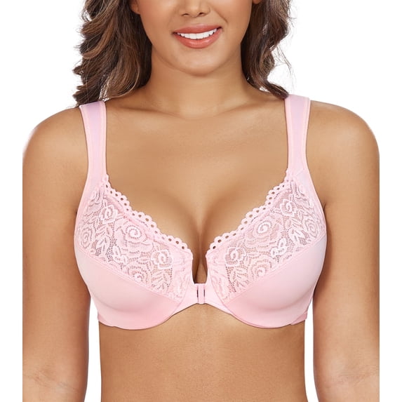 Exerin Women's Plus Size Front Closure U-Back Underwire Wide Strap Everyday Bra(Pink,44DD)