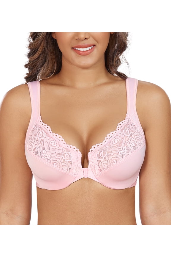 Women's Plus Size Front Closure U-Back Underwire Wide Strap Everyday Bra(Pink,46C)