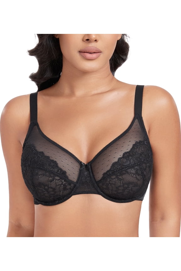 Women's Plus Size Sexy Lace Full Coverage Unpadded Underwire Bras Minimizer Mesh Bra(34DD,Black)