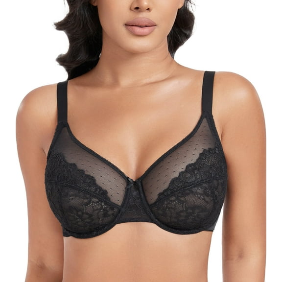 Exerin Women's Plus Size Sexy Lace Full Coverage Unpadded Underwire Bras Minimizer Mesh Bra(40DDD,Black)