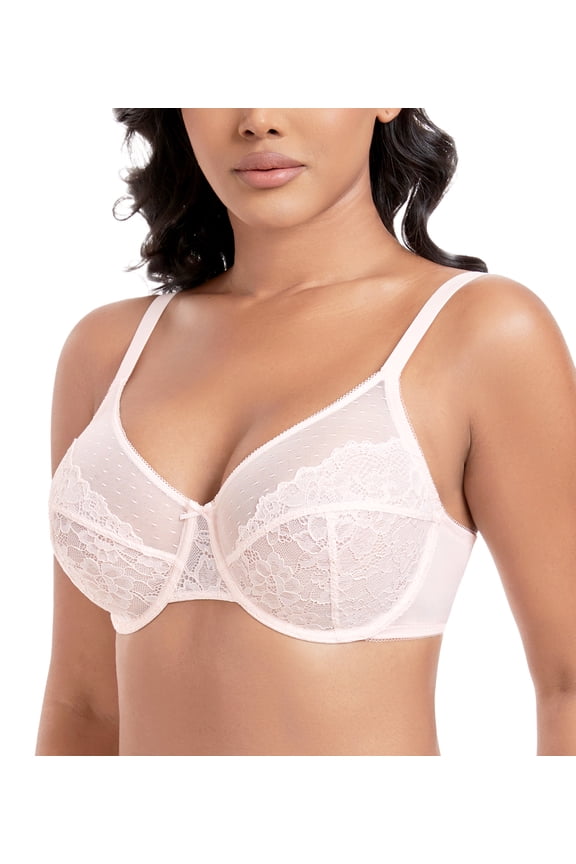 Women's Plus Size Sexy Lace Full Coverage Unpadded Underwire Bras Minimizer Mesh Bra(32DDD,Pink)