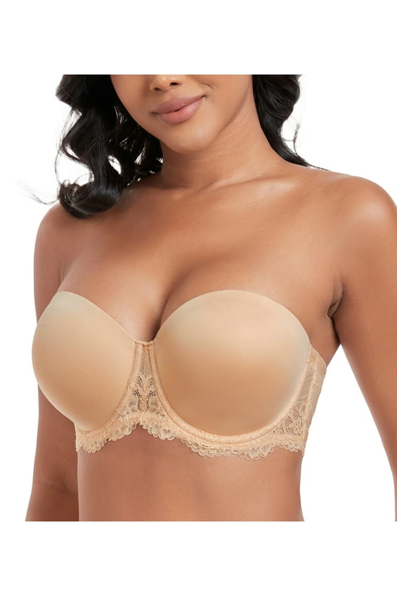 Women's Plus Size Strapless Full Coverage Underwire Lace Convertible Bra(36DD,Nude)
