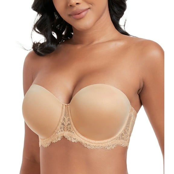 Exerin Women's Plus Size Strapless Full Coverage Underwire Lace Convertible Bra(40C,Nude)