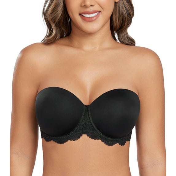 Exerin Women's Plus Size Strapless Full Coverage Underwire Lace Convertible Bra(44DD,Black)