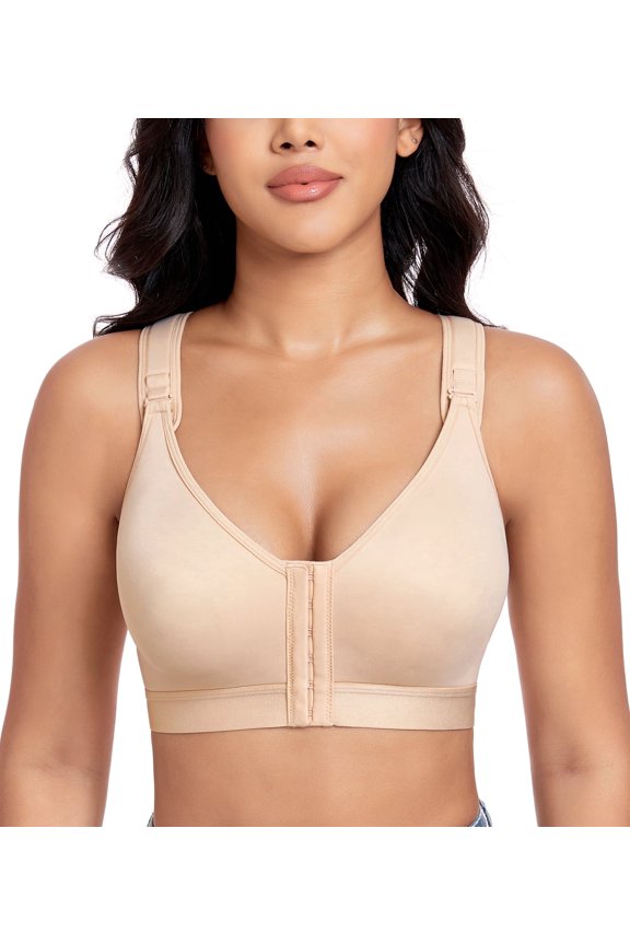 Women's Post Surgery Front Closure Wireless Non Padded Adjustable Wide Strap Bra(32D/DD,Beige)
