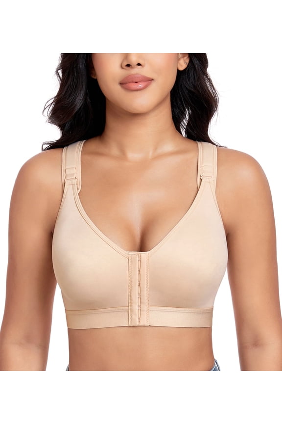 Women's Post Surgery Front Closure Wireless Non Padded Adjustable Wide Strap Bra(34D/DD,Beige)