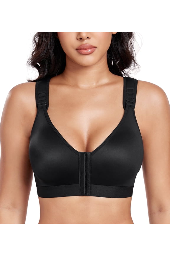 Women's Post Surgery Front Closure Wireless Non Padded Adjustable Wide Strap Bra(36B/C,Black)
