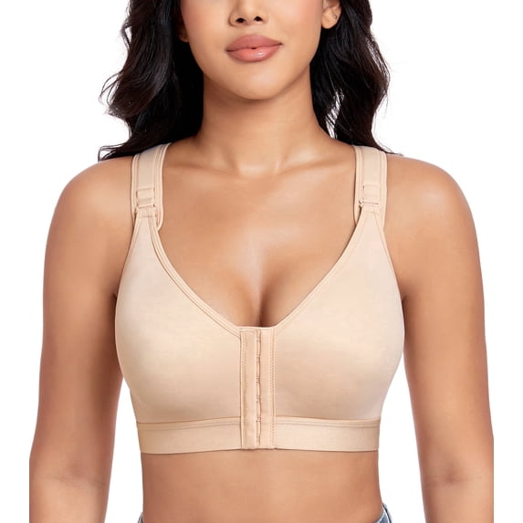 Exerin Women's Post Surgery Front Closure Wireless Non Padded Adjustable Wide Strap Bra(36D/DD,Beige)