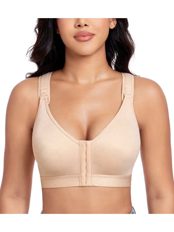 Women's Post Surgery Front Closure Wireless Non Padded Adjustable Wide Strap Bra(38D/DD,Beige)