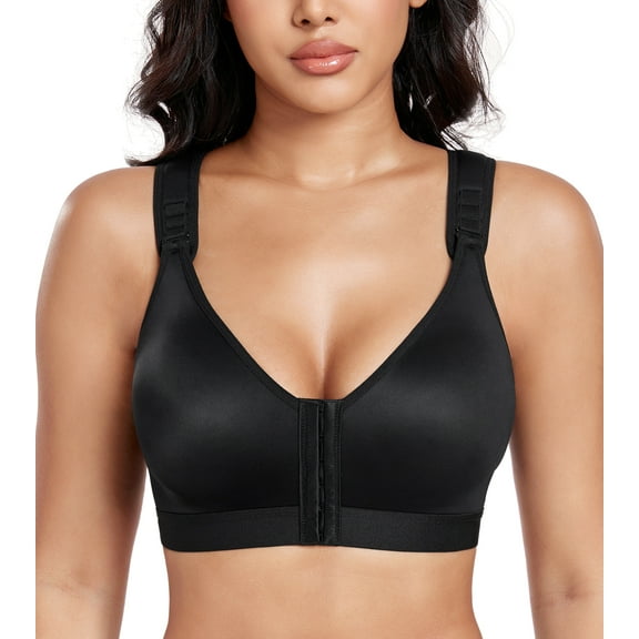Exerin Women's Post Surgery Front Closure Wireless Non Padded Adjustable Wide Strap Bra(40D/DD,Black)